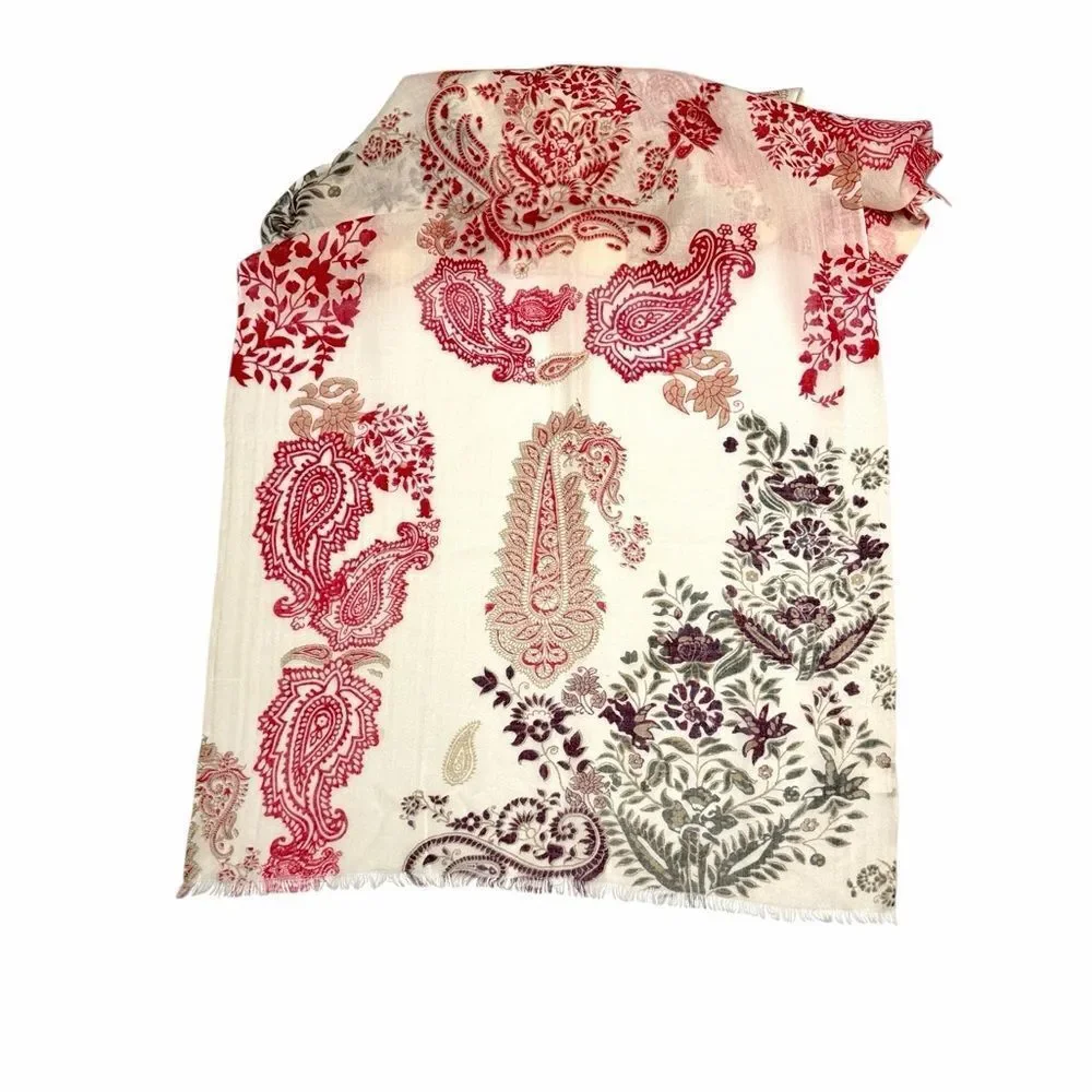 NWOT J. Jill Lightweight Oblong Scarf Woven Wool Paisley Wrap Ivory Red 24x70